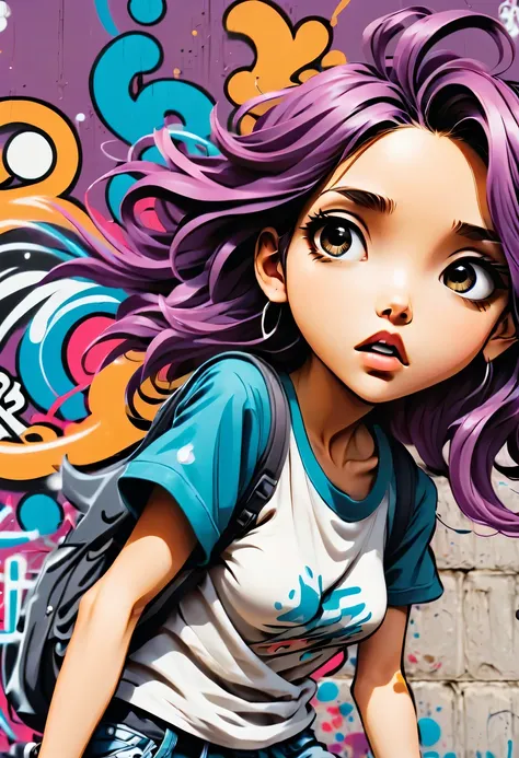 Graffiti漫画，Graffiti, wall, whole picture, High resolution and high contrast,simple,girl