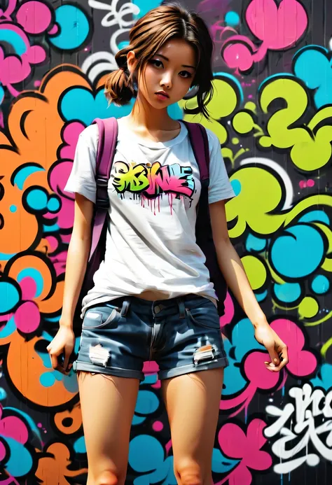 Graffiti漫画，Graffiti, wall, whole picture, High resolution and high contrast,simple,girl