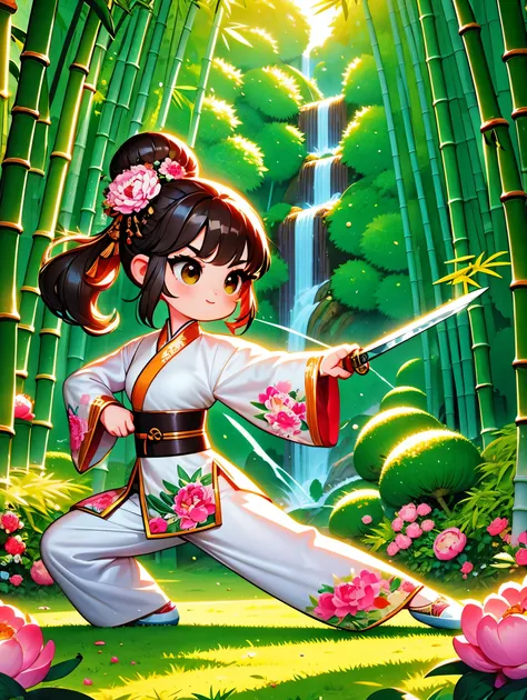 cute cartoon，中国martial arts，vector illustration，1 girl，bamboo forest，martial arts，The posture is full of vitality，Holding a long sword，The costumes are brightly colored，style traditional，Featuring peonies and waves，bamboo forest环境幽静，Lush，tall bamboo stalks...