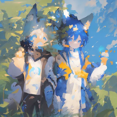 Anime character in blue and costume standing in the field, furry anime, furry art!!!, very very beautiful furry art, Sirius A and Sirius B, Moon themed clothing, High quality fan art, Detailed fanart, commission, animal art, furry art, Beast in fashionable...