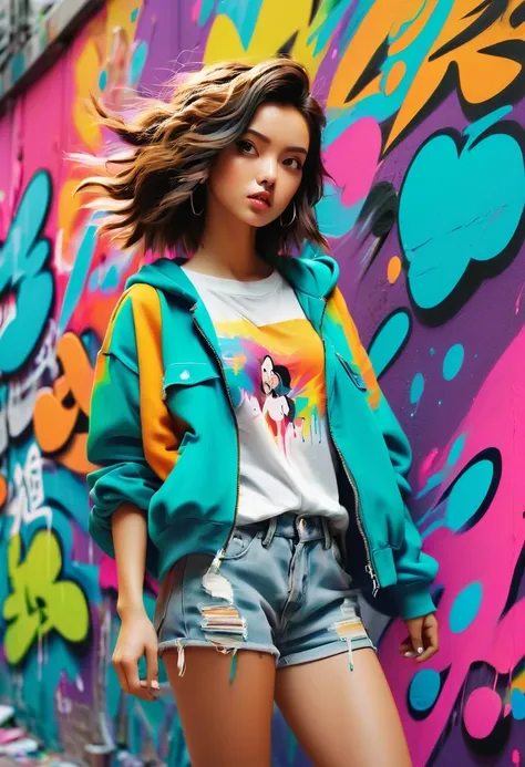 Graffiti漫画，Graffiti, wall, whole picture, high resolution和高对比度,simple,girl，(best quality,high resolution,masterpiece:1.2),super detailed,actual, high dynamic range,studio lighting,Physically based rendering,bright colors,[Street art],portrait,[comic style]...