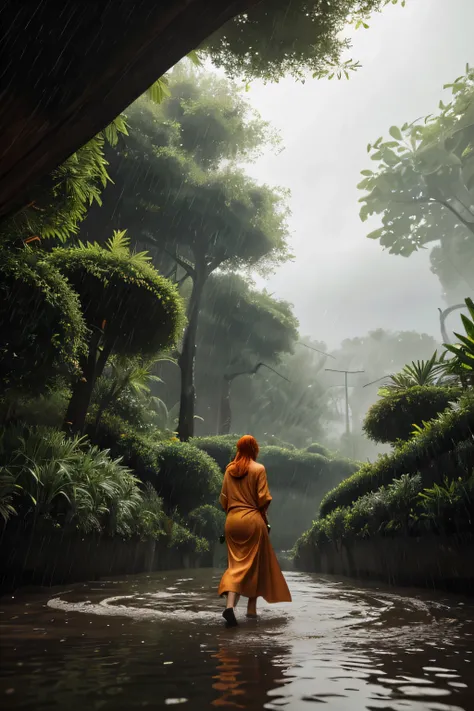 A jungle, with intense rainfall and a naked orange-haired 45-year-old woman walking on the river, monochromatic, vines all around, giant and wet trees, masterpiece, best quality, high quality, extremely detailed CG unity 8k wallpaper, oil paiting, award wi...