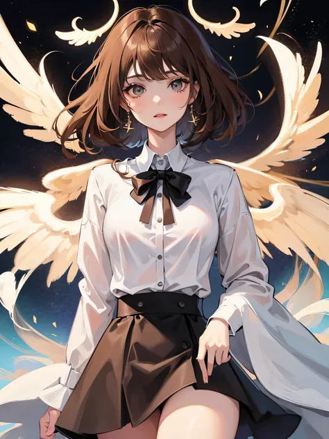  angel wings: The woman looks at you affectionately, Ambiguous colors, not disclosed, brown hair, white top, black skirt