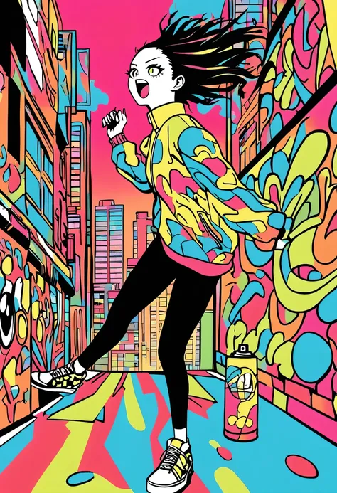 graffiti漫画，graffiti, wall, whole picture, high resolution和高对比度,simple,girl，(best quality,high resolution,masterpiece:1.2),super ...