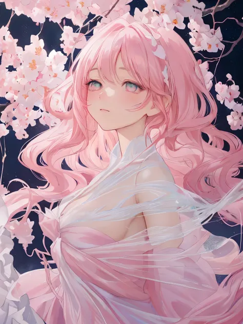 A full shot of Sakura Hoshino, pastel pink curly hair cascading down her back, with sparkling emerald eyes, adorned in an elegant flowing white dress, highly detailed, soft and delicate brush strokes, digital painting, ethereal and dreamlike atmosphere, tr...