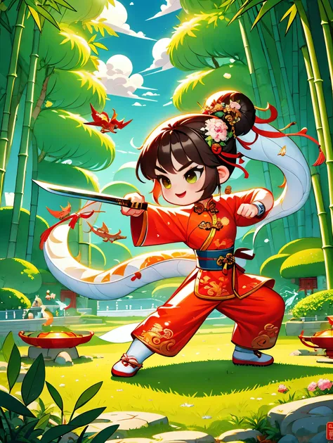 imagine a vector illustration with a chinese martial arts theme, rendered in a cute, cartoonish style. a young martial arts hero...