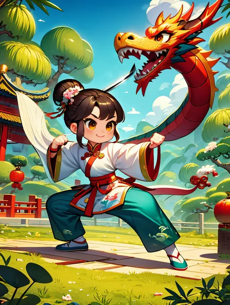 imagine a vector illustration with a chinese martial arts theme, rendered in a cute, cartoonish style. a young martial arts hero...