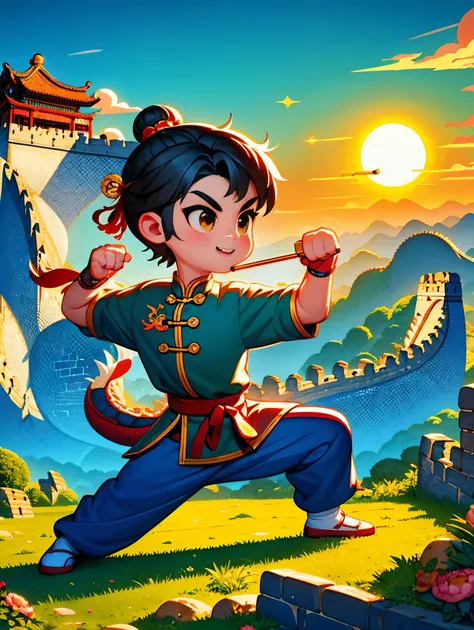 cute cartoon，中国martial arts，vector illustration，1boy，chinese dragon，oriental dragon，great wall，martial arts，在一座古老的great wall城墙上训...