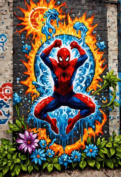 (pixel art:1.4), made of elemental_graffiti, design a mesmerizing ((((wall graffiti)))) featuring heroic spider-man in a dynamic...