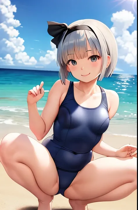 Navy one-piece school swimsuit、Youmu、smile、squatting、