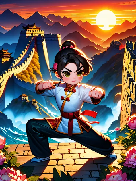 cute cartoon，中国martial arts，vector illustration，1boy，Great Wall，martial arts，Featuring peonies and waves，Training on an ancient city wall，The background is the setting sun。heroic posture，Fists clenched，Prepare for the attack。His clothes are full of energy，...