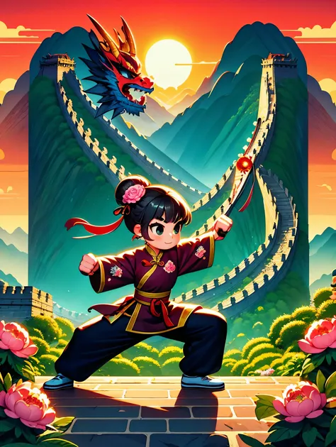 cute cartoon，中国martial arts，vector illustration，1boy，Great Wall，martial arts，Featuring peonies and waves，Training on an ancient city wall，The background is the setting sun。heroic posture，Fists clenched，Prepare for the attack。His clothes are full of energy，...