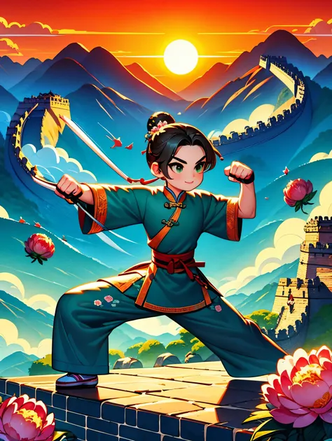 cute cartoon，中国martial arts，vector illustration，1boy，Great Wall，martial arts，Featuring peonies and waves，Training on an ancient city wall，The background is the setting sun。heroic posture，Fists clenched，Prepare for the attack。His clothes are full of energy，...