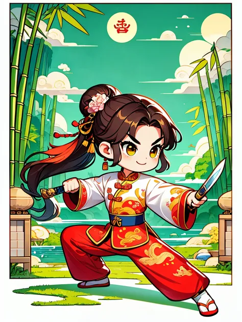 imagine a vector illustration with a chinese martial arts theme, rendered in a cute, cartoonish style. a young martial arts hero...