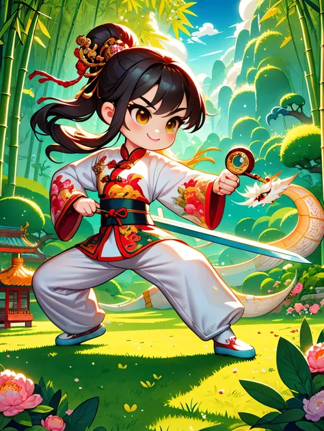 imagine a vector illustration with a chinese martial arts theme, rendered in a cute, cartoonish style. a young martial arts hero...