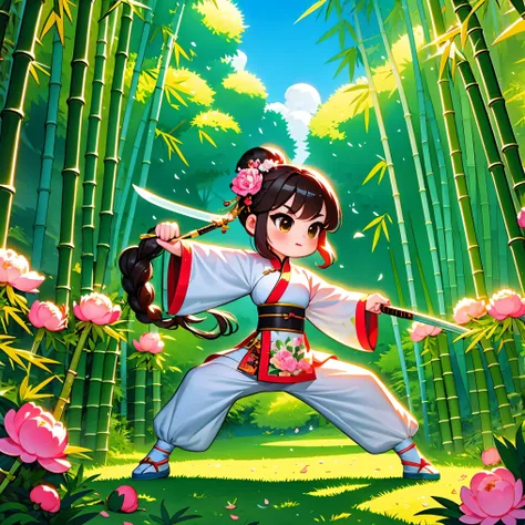 cute cartoon,中国martial arts,vector illustration,1 girl,bamboo forest,martial arts,The posture is full of vitality,Holding a long sword,The costumes are brightly colored,style traditional,Featuring peonies and waves,bamboo forest环境幽静,Lush,tall bamboo stalks...