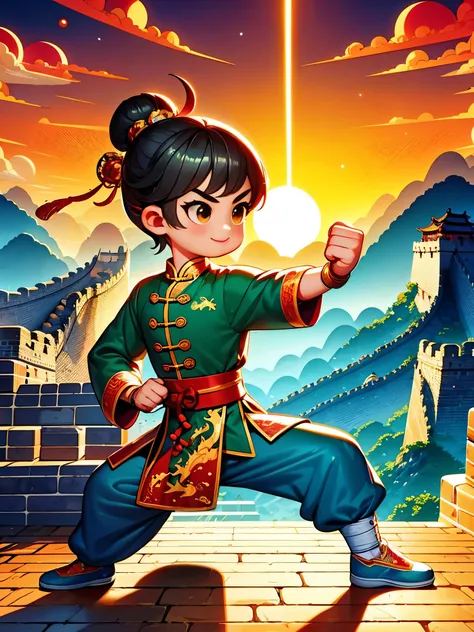 cute cartoon，中国martial arts，vector illustration，1boy，Chinese dragon，Oriental Dragon，Great Wall，martial arts，在一座古老的Great Wall城墙上训练，The background is the setting sun，heroic posture，Fists clenched，Prepare for the attack，His clothes are full of energy，Decorate...