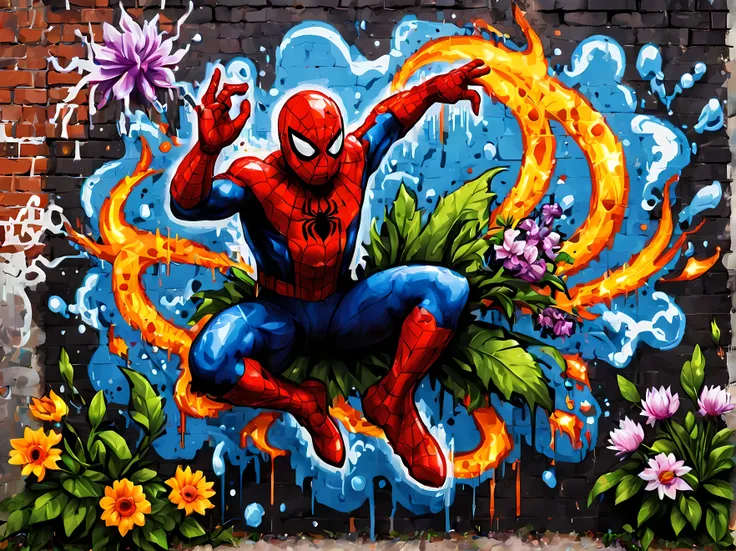 (pixel art:1.4), made of elemental_graffiti, design a mesmerizing ((((wall graffiti)))) featuring heroic spider-man in a dynamic...