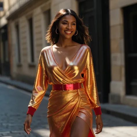 uma mulher de pele negra, usando um vestido vermelho, sorridente, andando por Paris, com foco principalmente da cintura para cima, + Cinematic lighting, Avid, Cinematic, color grading, Editorial fotografia, fotografia, photoshoot, Filmado com lente 70mm, D...