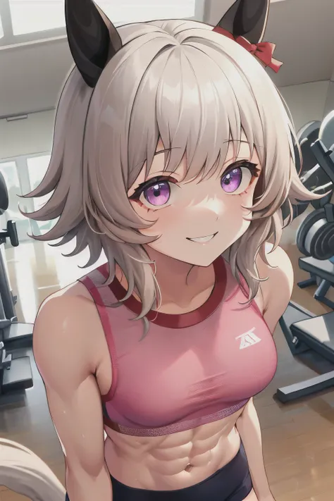 curren chan(umamusume), (((ultra-detailed face))), symmetrical face, (masterpiece), best quality, gym room, front, horse tail, drinking water, smile, (muscle), (abs:0.9), workout, (sports bra), medium tits