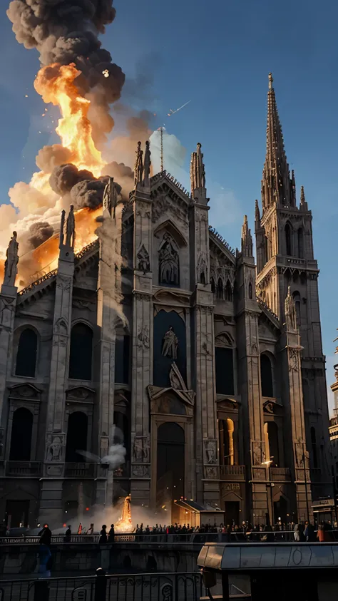 milan cathedral on fire and smoke . hyper-realistic 