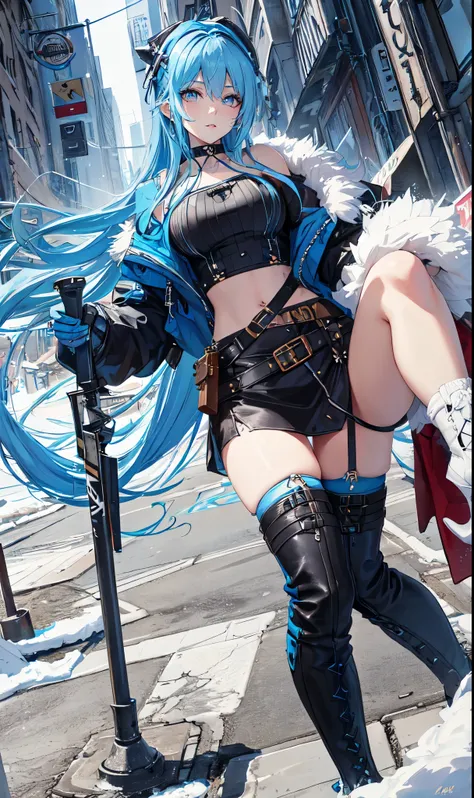 Abandoned winter industrial town background,(pure white straight hair：2.0),(blue cu rlhair end:2.0)issue card,Standing close-up,dream world,scars on face,(Slender blue phoenix eyes,pink lipstick,long eyelashes),Gloves,Short sword,choker,(Assassin&#39;s Tig...