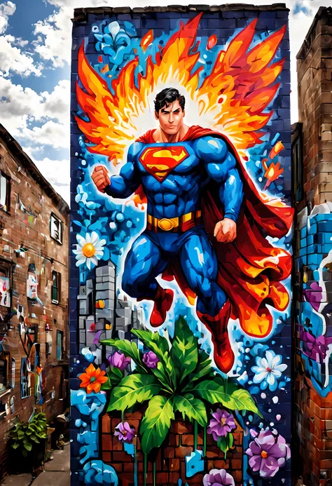 (pixel art:1.4), made of elemental_graffiti, design a mesmerizing ((((wall graffiti)))) featuring heroic superman in a dynamic p...