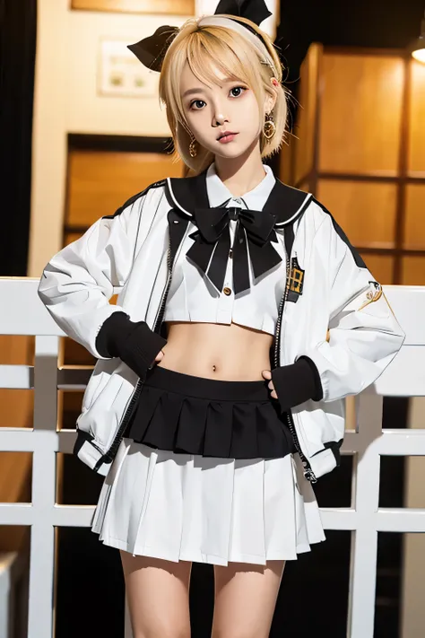 Kagamine rin，Navel exposure，small，white earrings，uniform