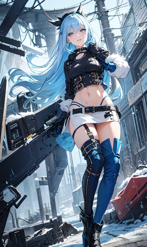 Abandoned winter industrial town background,(pure white straight hair：2.0),(blue cu rlhair end:2.0)issue card,Standing close-up,dream world,scars on face,(Slender blue phoenix eyes,pink lipstick,long eyelashes),Gloves,Short sword,choker,(Assassin&#39;s Tig...