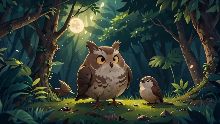 Brown boobook bird crying under the moon from the forest at night surrounded by another birds laugh at him