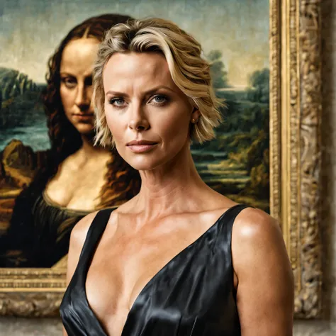 Photographie 8k, portrait de Charlize Theron posant devant la Joconde, Louvre Museum, poses similaires, High-end lighting, slight wrinkles 