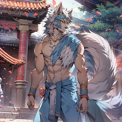 best quality, young, 15 years old, hairy, alone, male wolf: 1.5, light blue fur: 1.3, Light blue ears, animal ears, yellow eyes, doll hand, muscular body, abdominal muscles, Wearing Shaolin kicks, topless, Standing in the courtyard of Shaolin Temple.