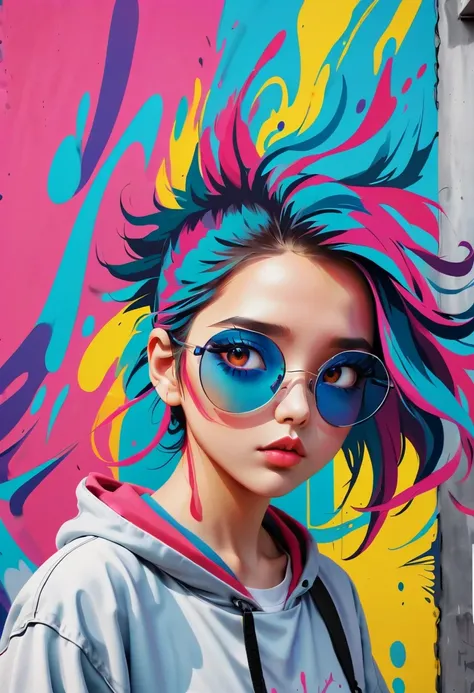 Graffiti漫画，Graffiti, wall, whole picture, high resolution和高对比度,simple,girl，(best quality,high resolution,masterpiece:1.2),super detailed,actual, high dynamic range,studio lighting,Physically based rendering,bright colors,[Street art],portrait,[comic style]...