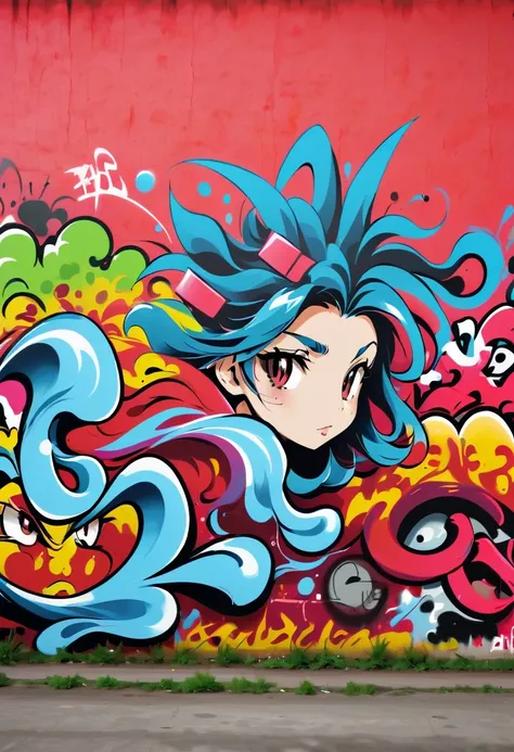 Graffiti漫画，Graffiti, wall, whole picture, High resolution and high contrast,simple,红色矩阵中的恶灵骑士着火的超写实Graffiti