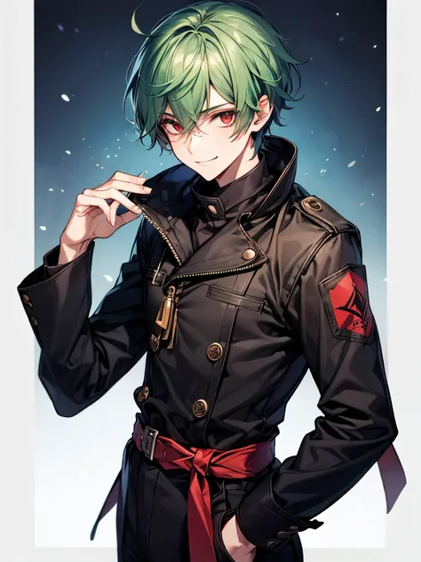 green hair, red eyes, mysterious, cool, male, short hair, teenager, deceiving smile , winter clothes