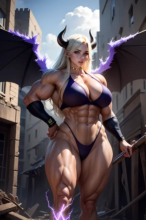 (((((Massive Female Bodybuilder))))), , , 
((((Muscular Quadriceps)))), , , 
((((Huge breasts)))), , , Stormy Daniels as a hyper-giant, Hyper-powerful demon with a demon horn on its head and demon wings, and throws purple lightning bolts at a building, vil...