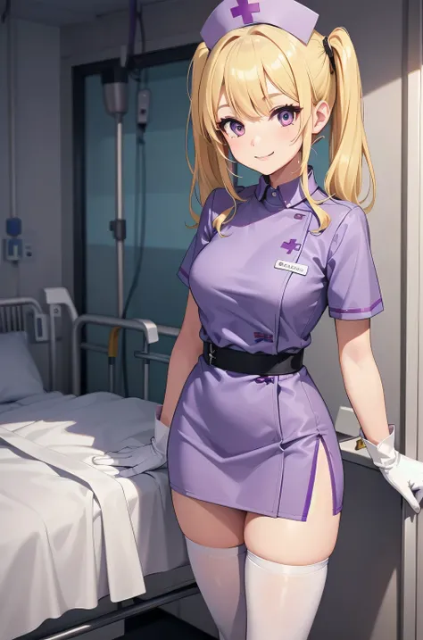 1 girl, alone, nurse, nurse cap, white clothes, ((white legwear, zettai ryouiki)), white gloves, twin tails, yellow hair, purple eyes, smile, Are standing, ((hospital room)), sharp outline, short sleeve, highest quality, masterpiece