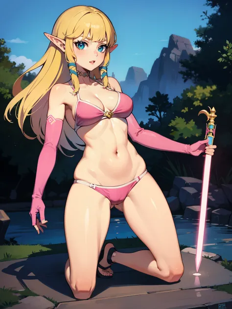 
Zelda Skywardsword , blondes Haar, blaue Augen, lange Haare, spitze Ohren, Seitenlocken, elf, bangs, stumpfer Pony, Ribbons, hair Ribbons, ,Ohrringe, Schimmernde Lippen , Pinker Bikini, Bikini, white and pink elbow gloves, full body 