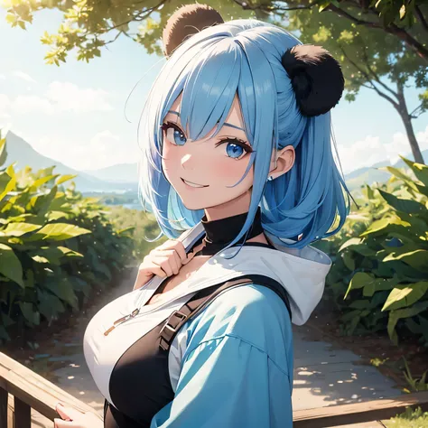 ((highest quality,8k, 32K,masterpiece:1.2)), , panda ears, grin and laugh, soccer ball, blue hair, on site