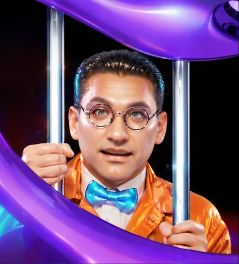 a man in a bow tie behind bars, mad scientist, promotional art, behind bars, in jail, (scared man with glasses,tie,photo-ready pose,headshot:1.1),realistic,4k,(glossy skin,lustrous complexion:1.1),rim light,high resolution, glossy texture, smooth 3d model,...