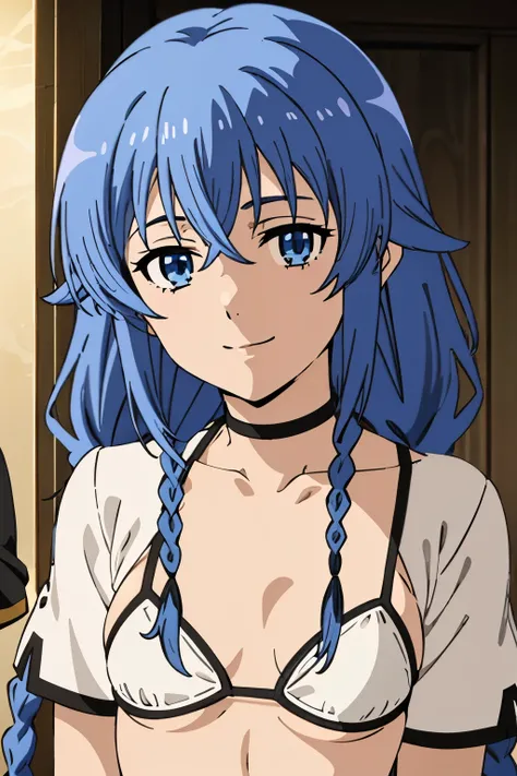 mushoku tensei style, roxy migurdia, 1girl, twin braids, long hair, blue hair, blue eyes, seductive smile, ((white bikini)), small breasts, upper body, standing, looking at viewer, indoor, ((masterpiece)), best quality, high detailed illustration, high det...