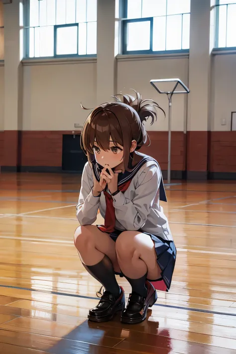 I am observing a class in the school gymnasium holding my knees because I am not feeling well.(masterpiece, best quality:1.2),illustration,8k,hd,1girl,solo,upper body,(portrait:1.2),brown_hair,folded_ponytail,brown_eyes,serafuku,long_hair,school_uniform,sk...