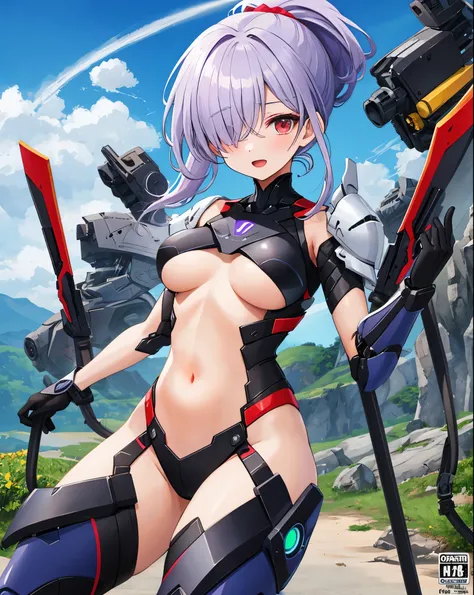 1girl,(teen:1.5), (short_ponytail:1.3), (light_whitish_purple_hair:1.3),black_mechanical_armor_parts,white_breasts_parts_red_black_body_suit,bare_shoulder,bare_slender_thighs,medium_breasts,sky_background,Stinging_eyes,sleepy,thighhigh_greaves,gauntlets,dy...