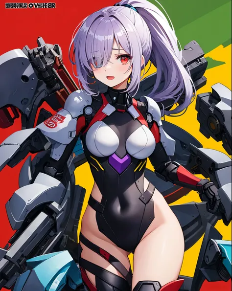 1girl,(teen:1.5), (short_ponytail:1.3), (light_whitish_purple_hair:1.3),black_mechanical_armor_parts,white_breasts_parts_red_black_body_suit,bare_shoulder,bare_slender_thighs,medium_breasts,sky_background,Stinging_eyes,sleepy,thighhigh_greaves,gauntlets,dy...