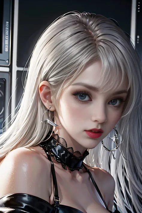 girl portrait photography, realistic, High resolution, 1 female, alone, full body shot, beautiful eyes, Close your lips, detailed face, gray hair, long hair, collared shirt, black tie,black skirt, pencil skirt, fur coat, stockings,(Black lace panties are v...