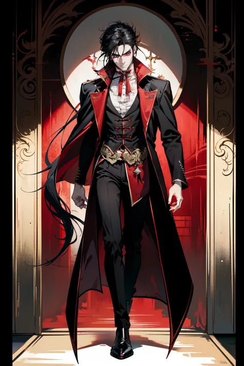  close up of a person in a red coat and black hair, alucard, full body xianxia, beautiful male god of death, vampire fashion, detailed anime character art, male vampire of clan banu haqim, full body black and red longcoat, l vampire, with his long black ha...