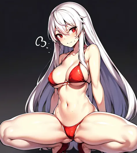  Beautiful anime woman, if you have white hair, Draw a super narrow one, Ultra thin, Super small red，Bikini breasts are super big，red super narrow，Sweating all over，The whole body is soaked，squatting position