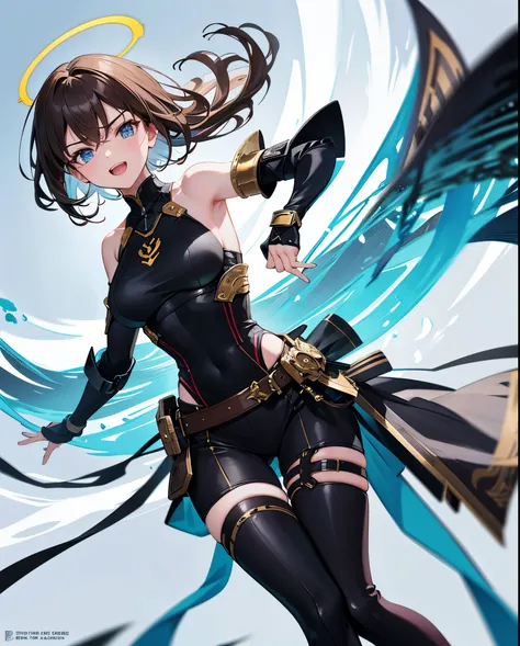 fantasy, 1angel_girl,, ,brown_hair, medium_bob_hair, long_bangs, halo,bare_shoulder,thighhighs,silver_armor, waist_armor, large_breasts,angry,grinning,open_mouth_teeth, 1pair_wings, dynamic_pose_fighting,floating, bare_crotch, headgear,gauntlet, greaves,ci...