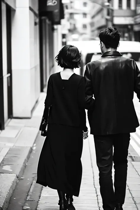 A short-haired man and a black-haired woman are walking down the street.、Rear view、monochrome