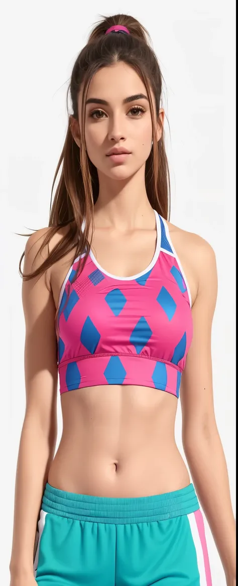 um close de uma mulher com uma blusa rosa e azul e shorts azuis, sport bra, sports bra and shirt, Esportes bem, Roupas esportivas fofas, corte superior, sports bra and shorts, detailed Esportes bem, hot top rosa, graphic print, training bra, topo de colhei...